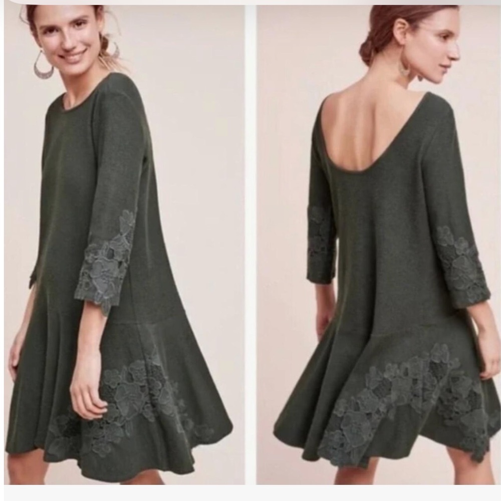 Anthropologie Maeve 3/4 Sleeve Sweater Dress with Lace Trim in Dark Green